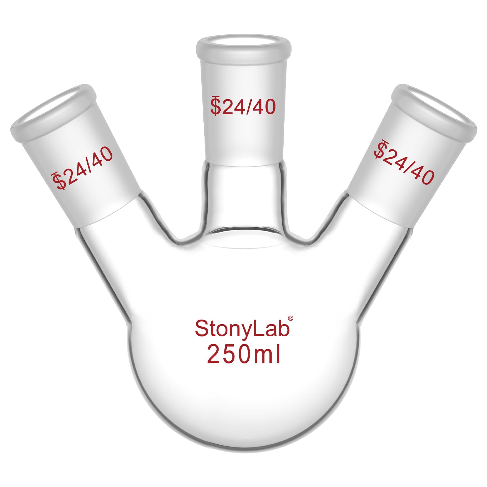 StonyLab Borosilicate Glass 3 Neck Round Bottom Flask RBF, with 24/40 Center and Side Standard Taper Outer Joint – 250ml