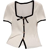 Verdusa Women's Plus Size Bow Button Front T Shirt Square Neck Short Sleeve Fitted Tee Tops