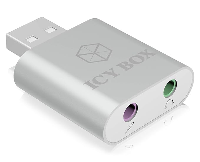 Icy Box IB-AC527 Externe USB-Soundkarte / USB zu Kopfhörer & Mikrofon (2x 3,5 mm) Adapter, Aluminiumgehäuse (silber)