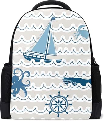 Mochila escolar LUPINZ con patrón de ondas con símbolos náuticos