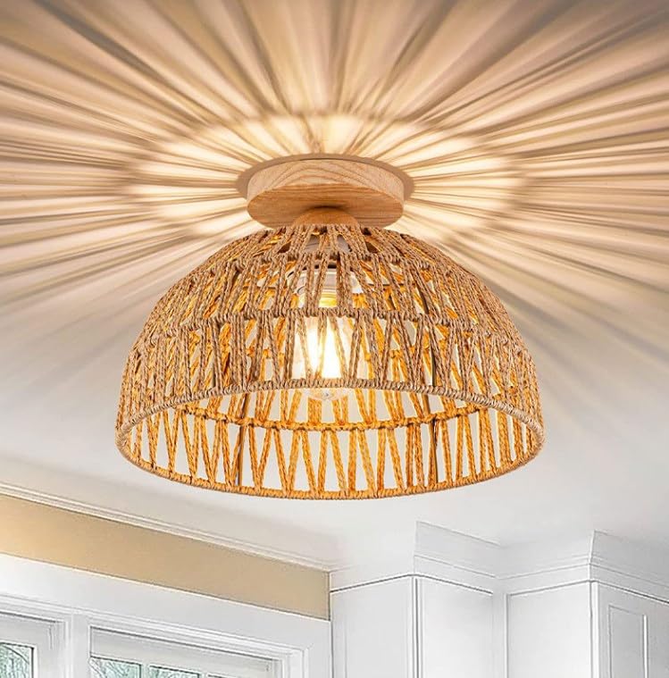 Boho Light Fixture - Rattan Flush Mount Ceiling Light Small Wicker Light Fixture 12'' Hand-Woven ...