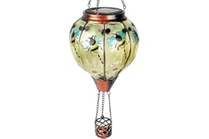 TEYIGARDEN Hot Air Balloon Solar Lantern with Flickering Flame, Glass Hanging Garden Lights Outdoor Waterproof for Tree Yard Patio Mother's Day Gift, 18" H Bee