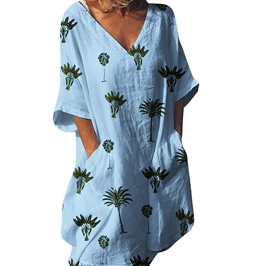 CUTUDE Damen Kleider Röcke Kurzarm Sommerkleider Frauen Sommer Maxi Bohe Leaf Print Taschen V-Ausschnitt Lässige Flare Lose K