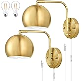 VATONI Wall Sconces Plug in, Dimmable Wall Sconce Swing Arm Wall Lights with Plug in Cord and Dimmer On/Off Knob Switch, Brus