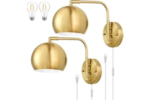 VATONI Wall Sconces Plug in, Dimmable Wall Sconce Swing Arm Wall Lights with Plug in Cord and Dimmer On/Off Knob Switch, Brushed Brass Globe Wall Light for Bedroom Bedside Hallway(2 Bulbs Included)