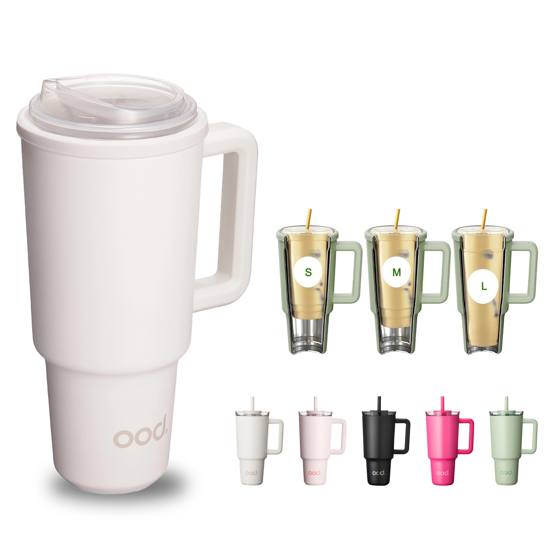 Photo 1 of OOD OniVerso 40 oz Stainless Steel Insulated Tumbler with Handle and Straw, Iced Coffee Cup Holder for Disposable Cups, Leak Proof Tumbler, Metro Fog (White)