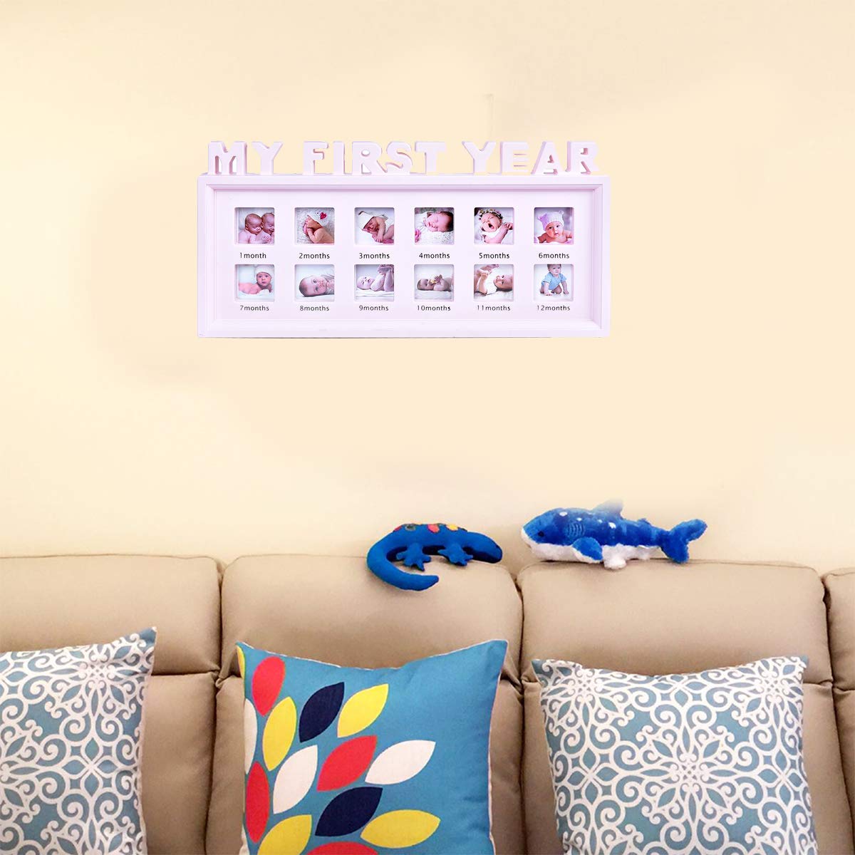 My First Year Photo Moments Baby Keepsake Frame, White, 12 Months Picture Frames, First Mothers Day Gift for Mom to Be or Expecting Parents (Pink), 16 x 8 x 1 in