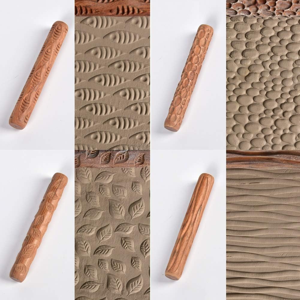 Lzttyee Set of 5 Wooden Handle Pottery Tools Clay Modeling Pattern Rollers Kit Brown