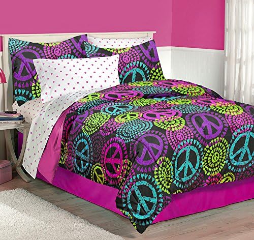 Rock Your Room Peace and Hearts Reverse to Solid Comforter Set, Twin, Multicolor