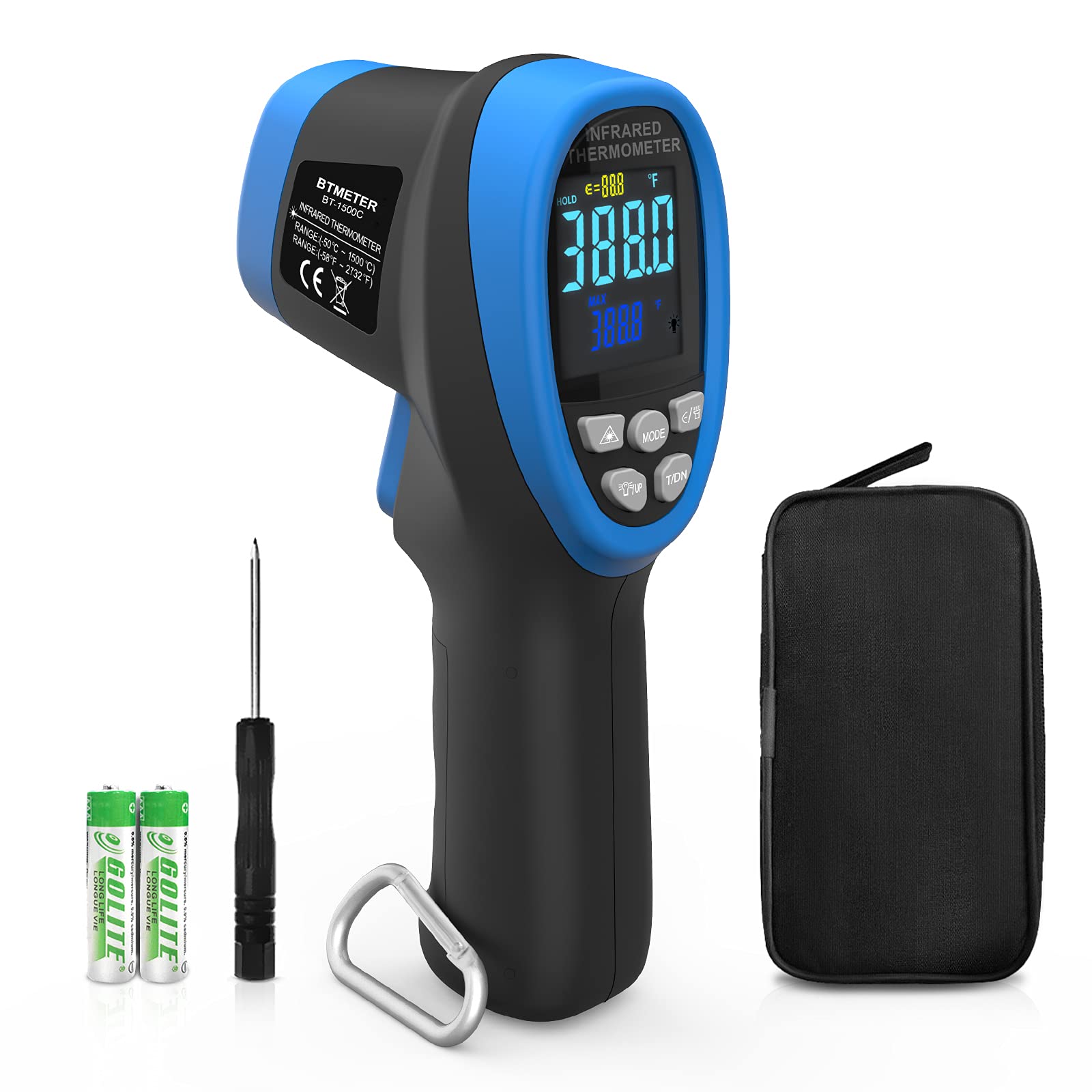 BTMETER BT-1500C Pyrometer Non Contact Laser Infrared Thermometer Gun Measures -58℉ to 2732℉ (-50℃ ~ 1500℃) High Temp, IR Temperature Gauge with Color LCD (NOT for Human Temp)