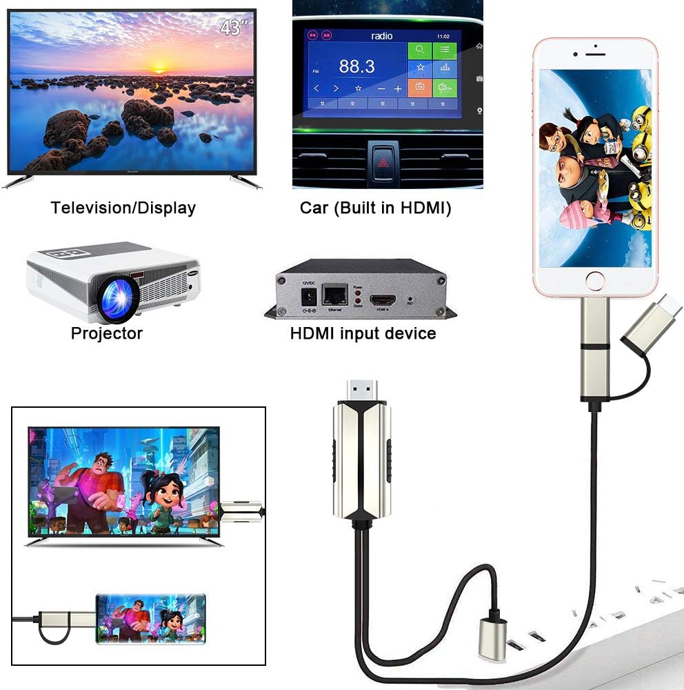3 in 1 Phone to HDMI Cable, WEILIANTE HD Type-C/Micro USB/iOS to TV Projector 6.6ft 1080P MHL to HDMI Cable Compatible for iPhone iPad Android Samsung to TV Mirroring Cable: Electronics