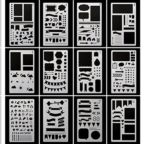 Bullet Journal Stencil Plastic Planner Stencils,Langcal 12 Pieces Journal Notebook Diary Scrapbook DIY Drawing Template Stencil for Journaling,Scrapbooking,Card and Art Projects (Set of 12)