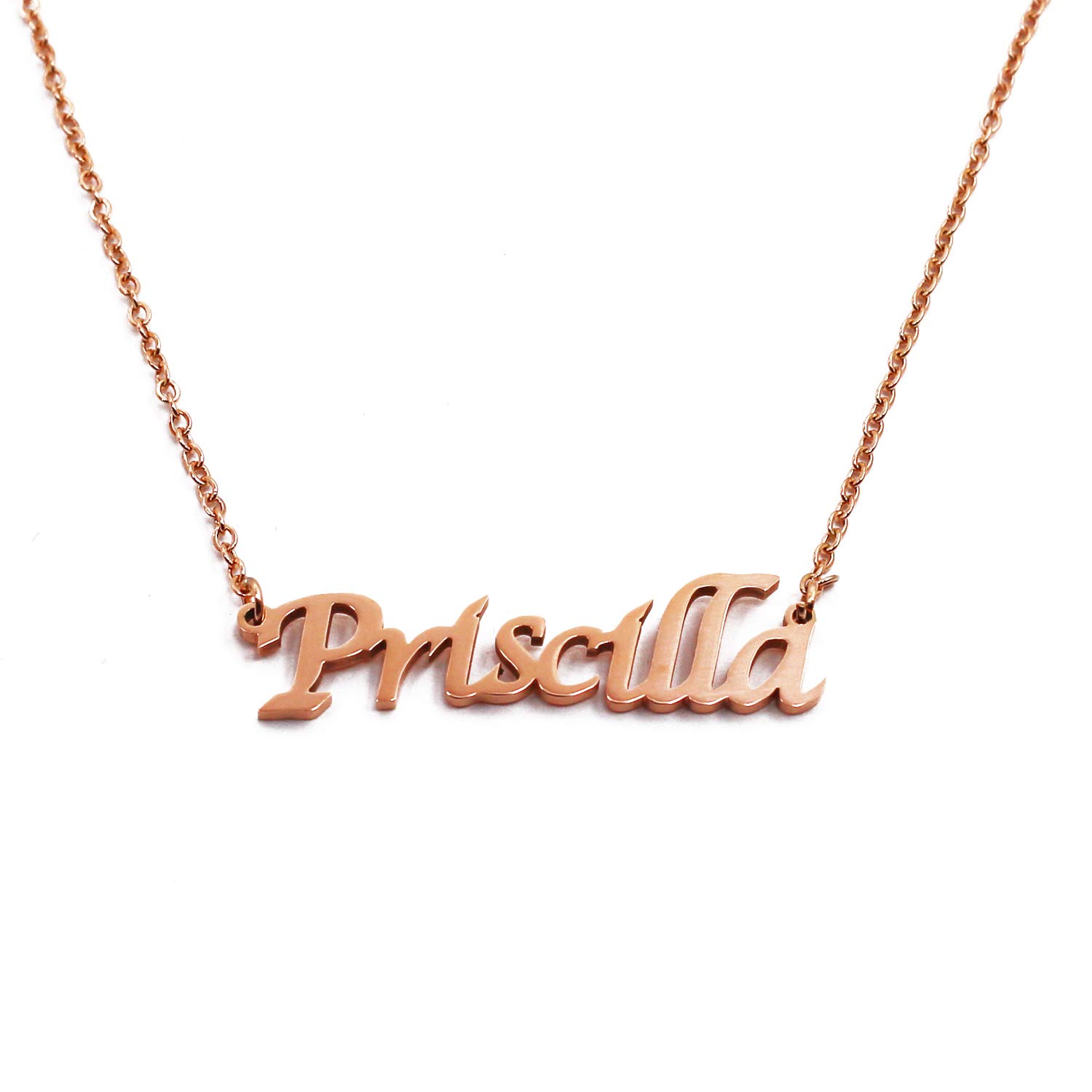 Kigu Priscilla Personalised Name Necklace 18ct Rose Gold Plated, Custom Dainty Name Pendants, Jewellery for Ladies, Girlfriend, Mother, Sister, Friends