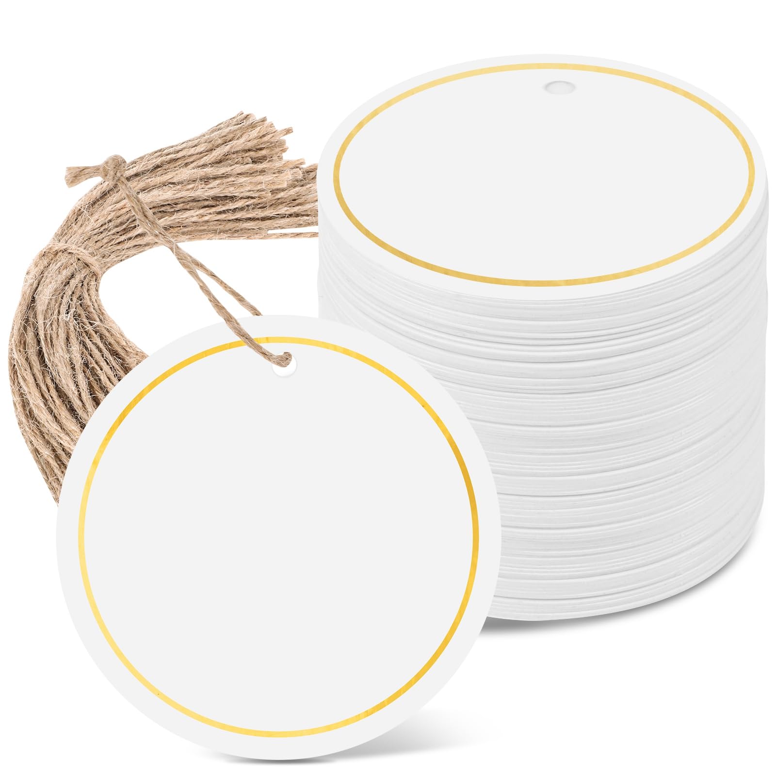 Photo 1 of 120 PCS White Gift Tags, 2'' Round Gift Tags with String Marking Hang Tag Writable Blank Tag for Presents Labeling DIY Craft Project Wedding Baby Shower Favors Stocking Stuffers