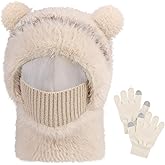 ZOORON Kids Winter Hat Gloves Scarf Set- Kids Beanie Mask with Cute Bear Pom Warm Fleece- Neck Warmer Fleece Lined Set