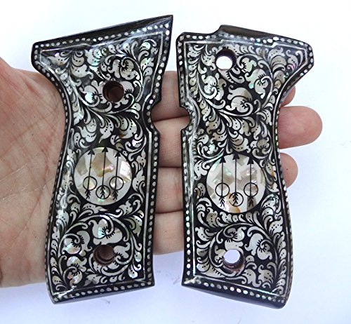 GRIPOS MOTHER OF PEARL INLAYED GRIPS BLACK/BLACK LOGO WITH BOTANY DESIGN BERETTA 92/FS FULL SIZE