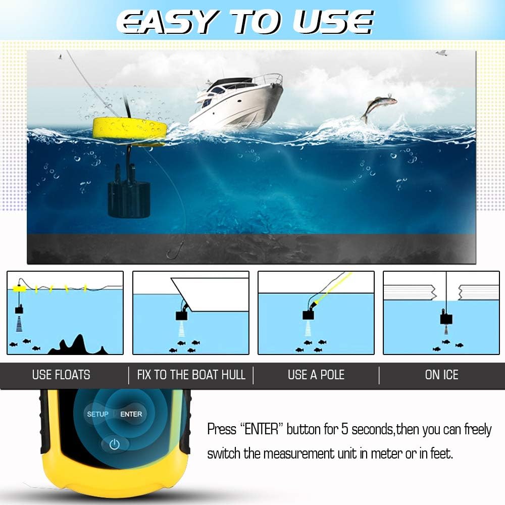 Atibin Handheld Kayak Fish Depth Finder Portable Transducer Fish Finder Sonar Boat Dock Fish Finders Display Water Fishing Yellow: GPS & Navigation