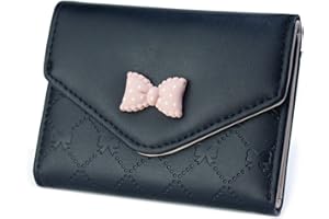 SUMGOGO Womens Girls Wallet Cute Bowknot Trifold Wallet Leather Purse Small Slim Short Wallet Cash Card Holder Bag (Black)