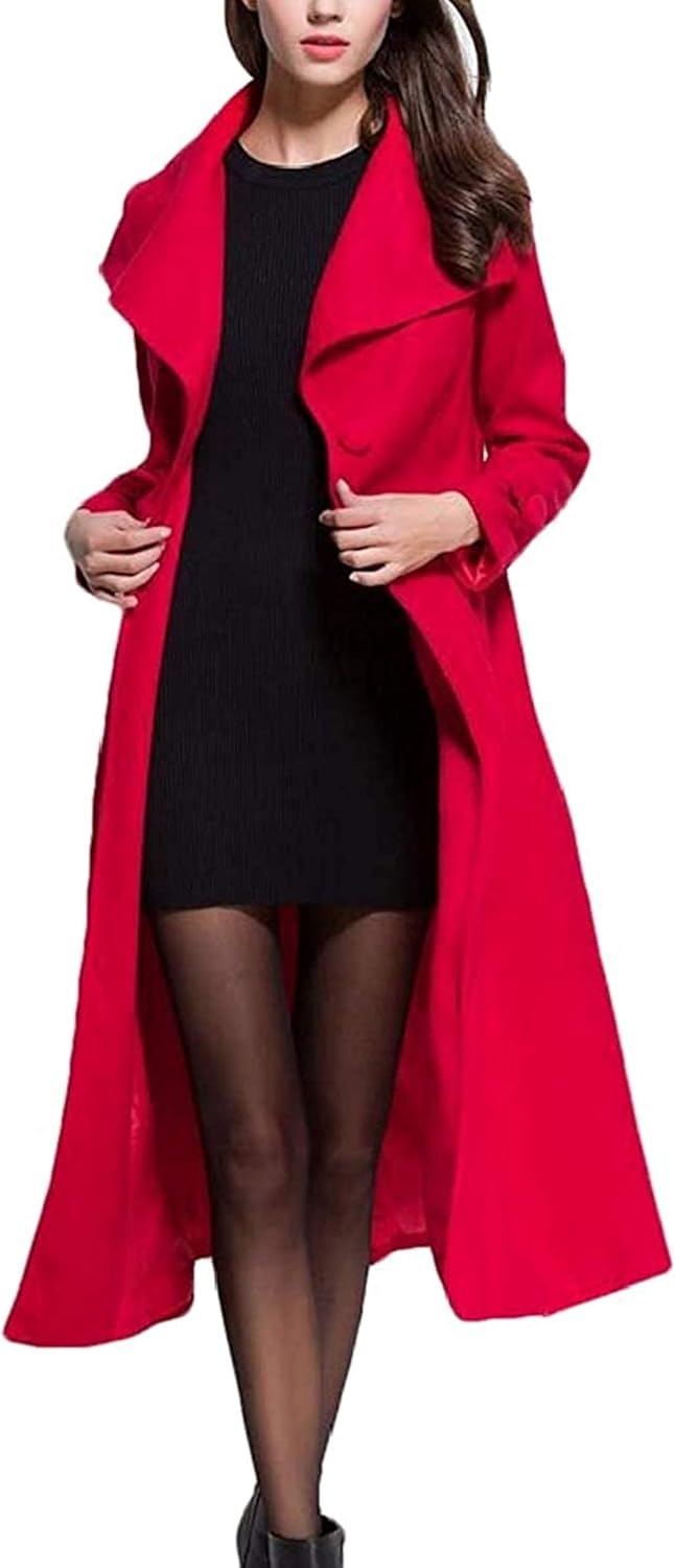 Women Lapel Solid Color Belted Overcoat FullLength Pea Coat Amazon.co.uk Clothing