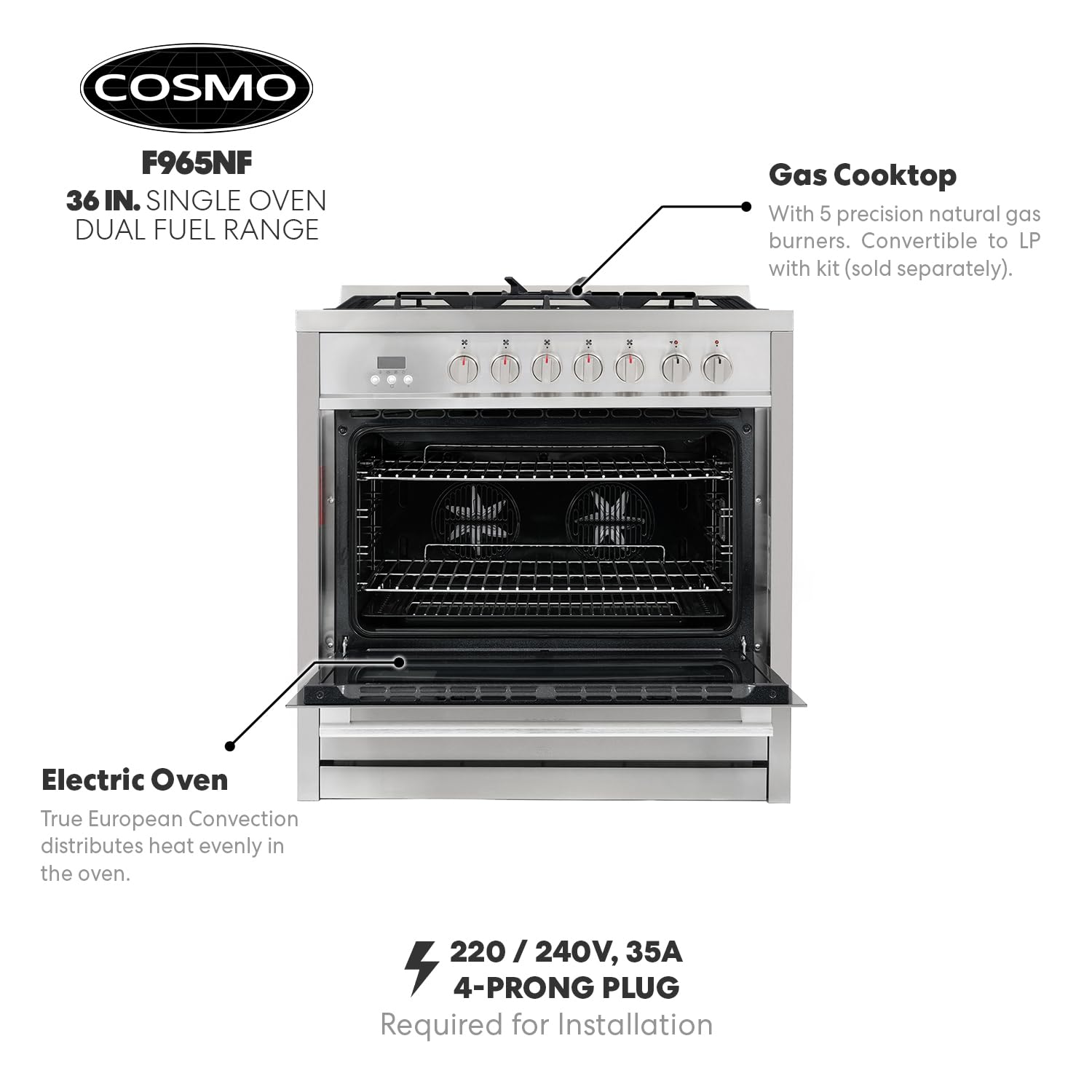COSMO F965NF 36 in. Stellar Collection 3.8 cu. ft. Dual Fuel Range, 5 Sealed Burners, 8 Function Convection Oven in Stainless Steel