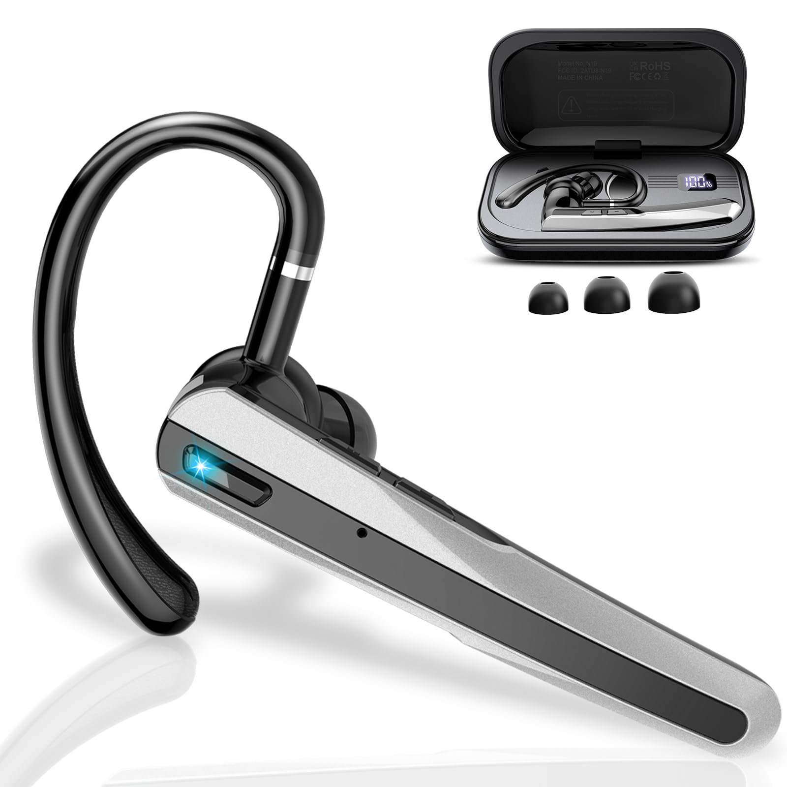 Bluetooth Headset V5.3, Wireless Earpiece with Dual ENC Noise Canceling Mic, 120H Hand-Free Talk Single-Ear Bluetooth Earpiece with LED Display, IP7 Waterproof Headphones for Office/Trucker/Business