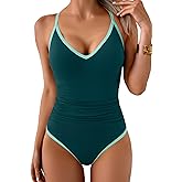 Aidonger One Piece Swimsuit for Women Tummy Control Slimming Bathing Suit Color Block V Neck Swimwear