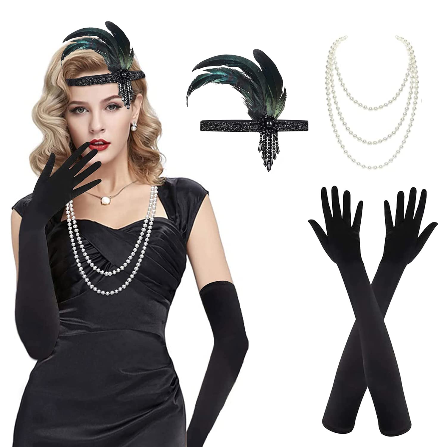 Roontin 3 Pack 1920s Flapper Headband Accessories Set, Vintage Flapper Feather Headband, Black Long Gloves, Pearl Necklace, Great Gatsby Costume Accessories, Retro Style Hair Accessories — image 1