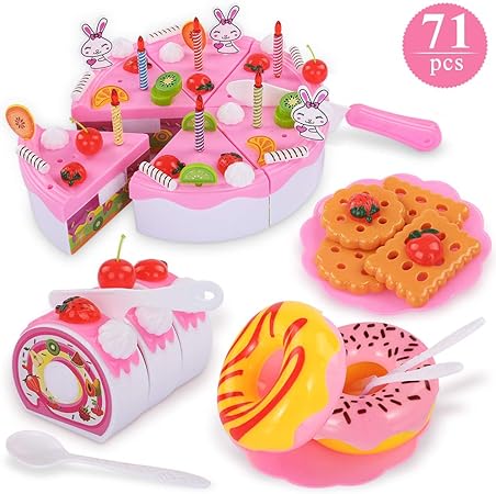 Amazon Temi 71点セット おままごと セット ケーキカット 知育おもちゃ ろうそくやフルーツ付き マジークテープ付き キッチンおもちゃ 誕生日パーティー 屋外ピクニック 3歳以上 男の子 女の子 ままごと ごっこ遊び おもちゃ