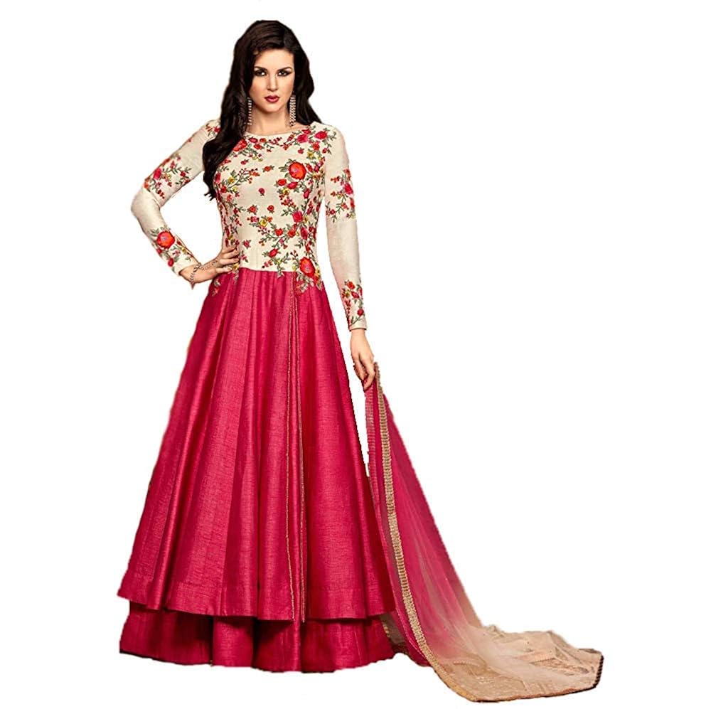 smily creation women's cottton silk embroiderd long gown(pink_freesize)