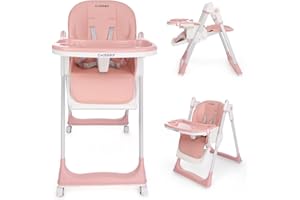 Cochildor 3-in-1 Foldable High Chair for Babies & Toddlers – Adjustable Height, Reclining Seat, 5-Point Safety Harness, Removable Tray, Lockable Wheels, Washable Cushion – Portable & Easy Clean, Pink