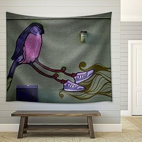 Abstract Painting with Birds Wearing a Pair of Shoes - Fabric Wall Tapestry Home Decor - 51x60 inches