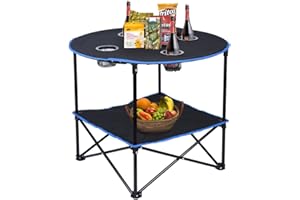 LEADALLWAY Folding Picnic Table Portable Outdoor Camping Table with 4 Cup Holders and Carrying Bags,Collapsible Canvas Travel Table for Outdoor Picnic,Barbecue,Travel,Fishing (Black+Blue)