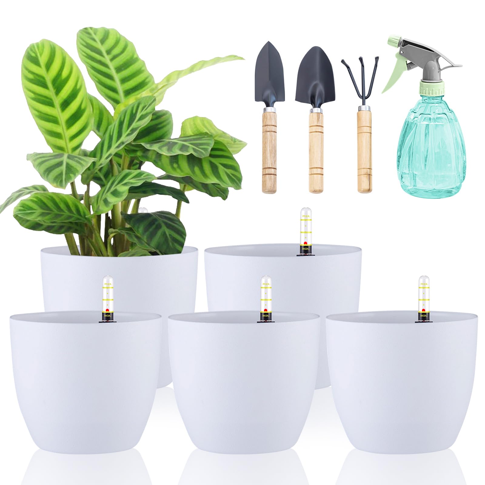 DENUOTOP Self-Watering Flower Pot with Water Indicator, White, Set of 5, 15 cm, Self-Watering Water Reservoir, Planter for Indoor and Outdoor Use