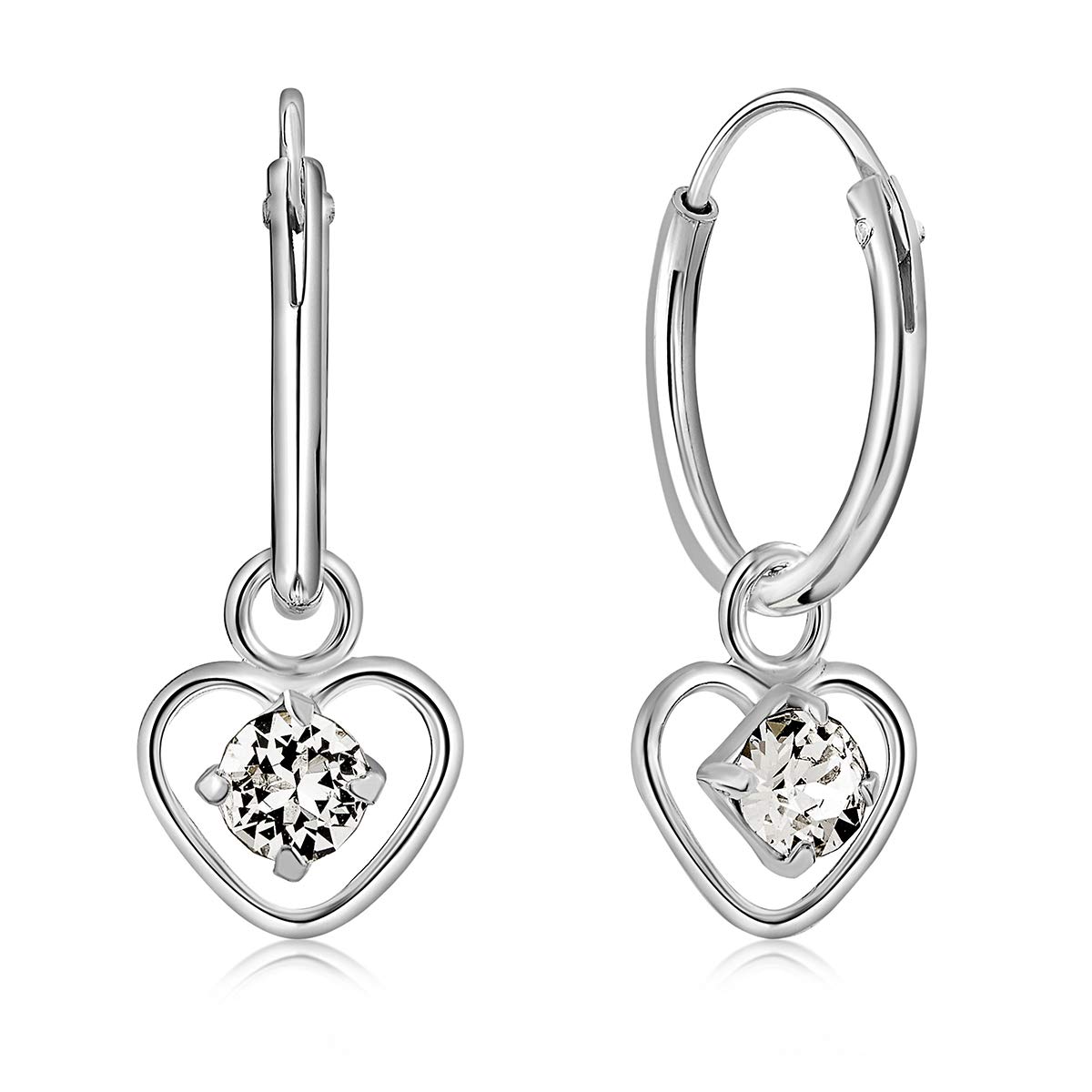 925 Sterling Silver Small Hoops Earrings with Dangling Heart in Clear Crystals - Heart Earrings with Faux Diamond - Thickness 1.2 mm - Diameter: 12 mm — image 1