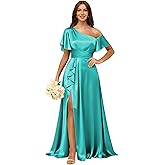 wayfor Short Sleeve Satin Bridesmaid Dresses for Women Ruffle One Shoulder Formal Evening Gowns with Slit