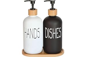 DIDROOM Glass Soap Dispenser Set, Hand Soap and Dish Soap Dispenser with Bamboo Tray. Vintage Soap Dispenser with Pump for Kitchen Sink and Bathroom. Stylish Permanent Labels (Matte Black&White)