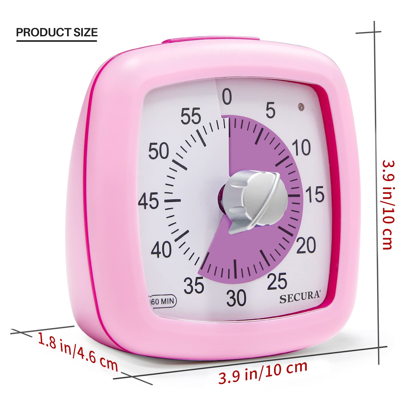Secura 60-Minute Visual Timer, Silent Study Timer for Kids and Adults, Time Clocks, Time Management Countdown Timer for Teaching (Pink)