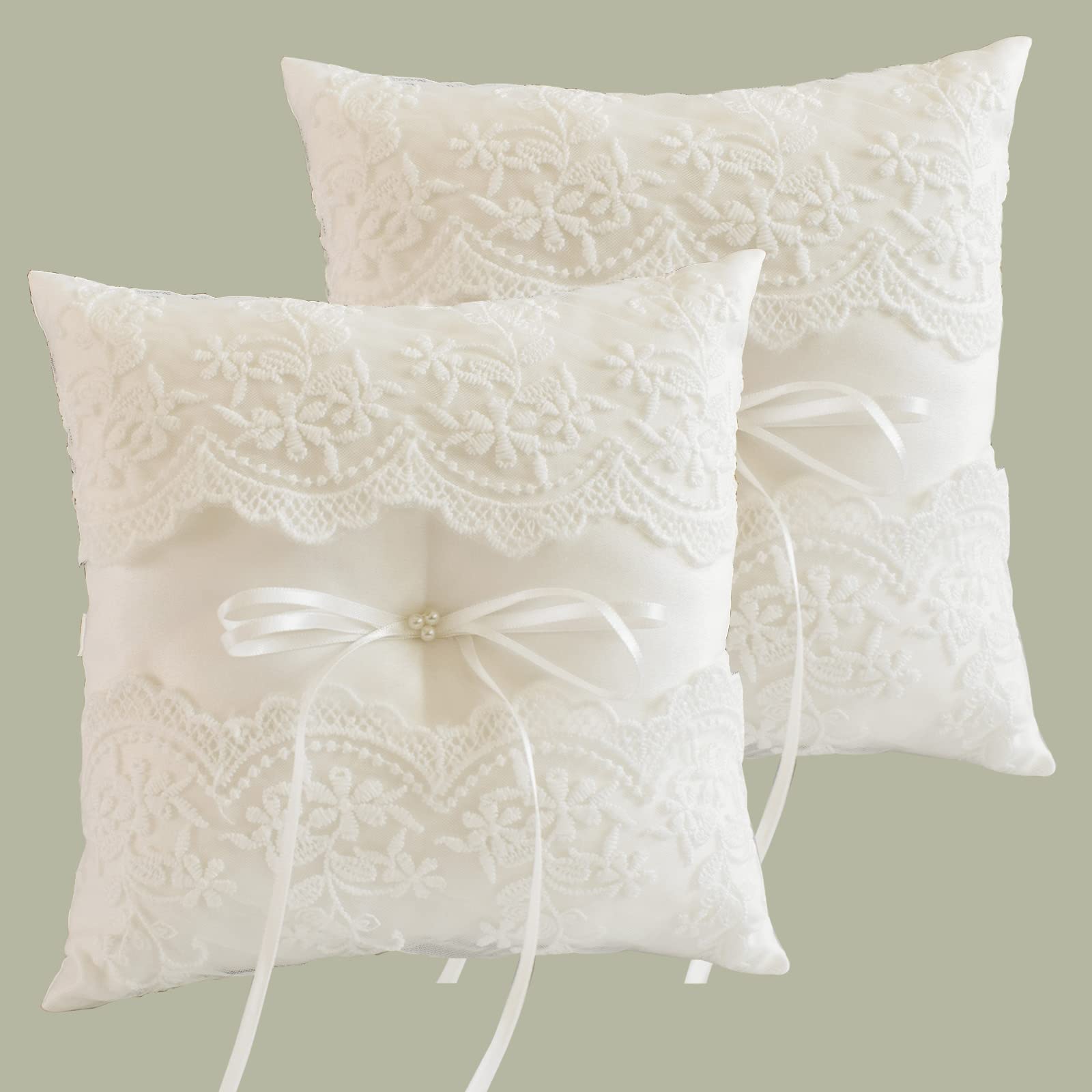 Photo 1 of ATAILOVE 2 PCS Wedding Ring Bearer Pillows, Lace Pearl Ivory Ring Pillow Cushion for Wedding Party