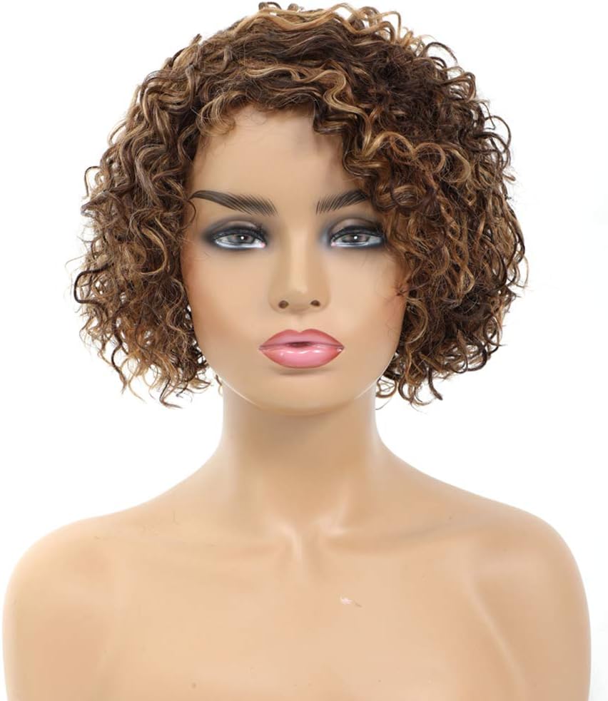 Morichy Short Curly Human Hair Wigs for Women P4/27/30 Short Curly Brazilian Kinky Curly Wigs for African Glueless Human Hair Wig