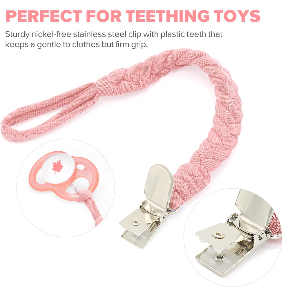 Pacifier Clips, Universal Baby Teething Ring Holder for Boys& Girls, Flexible Holder Leash for All Pacifiers,Teething Toy Or Soothie (Pack of 4 PCS Pink/Blue/Rose Red/Purple)