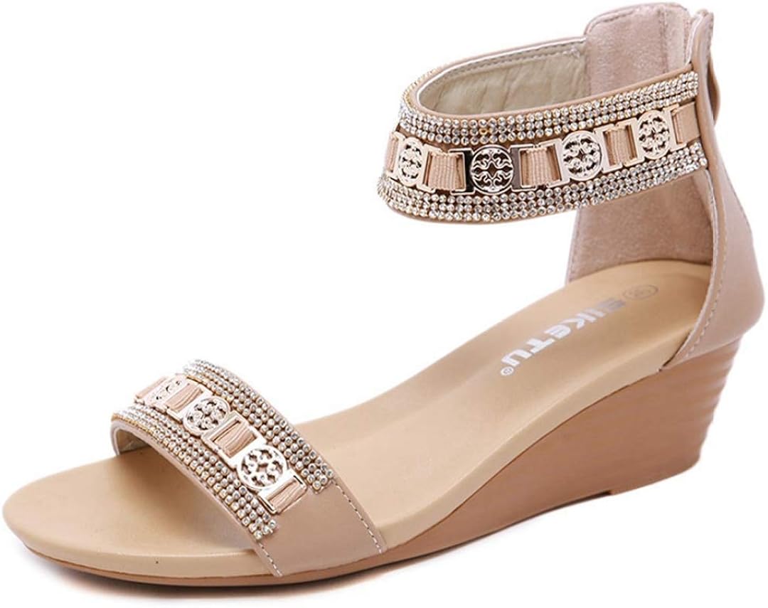 CYBLING Women's Rhinestone Ankle Strap Low Wedge Sandals Back Zipper
