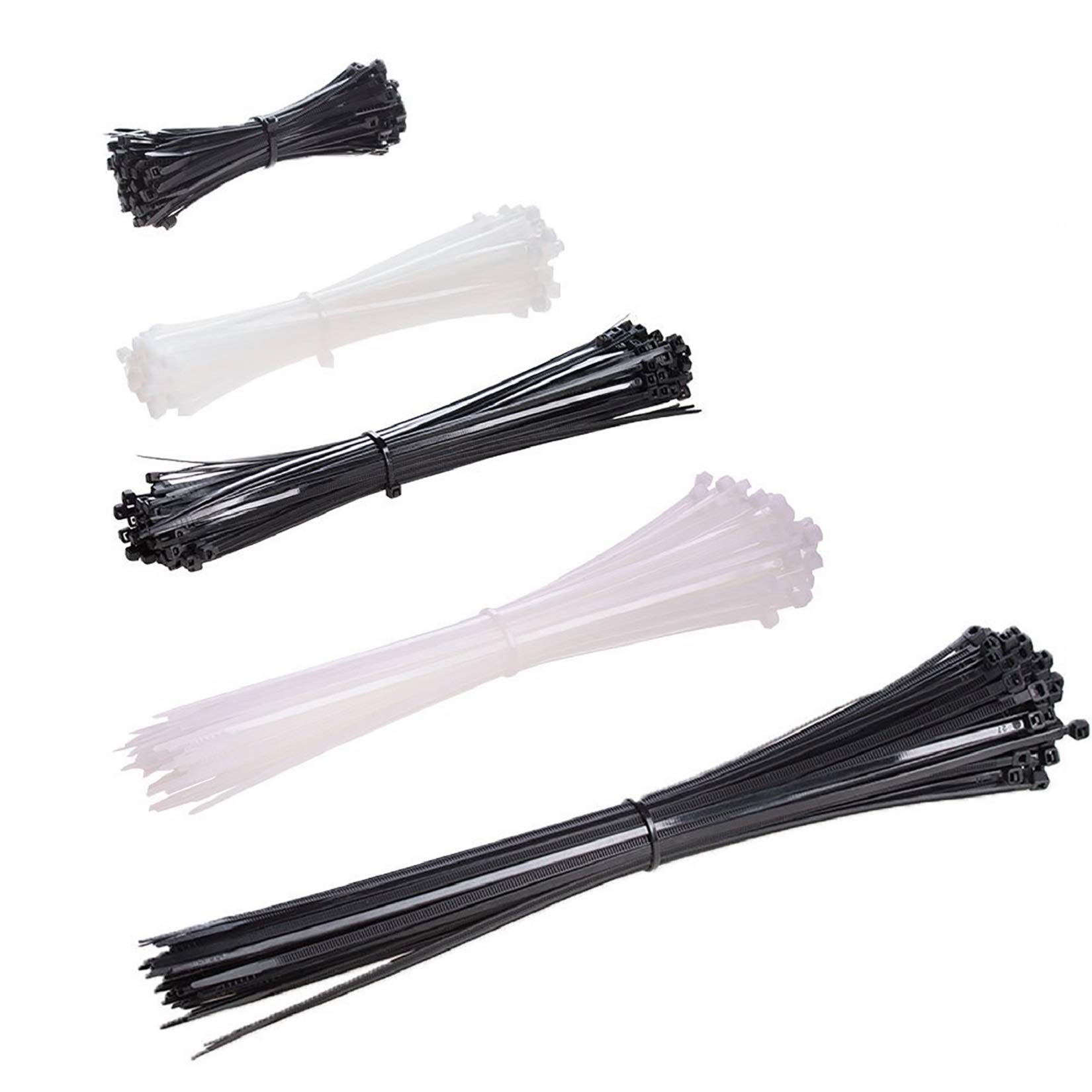 Zip Ties Heavy Duty Cable Ties 4+6+8+10+12 Inch Black & White 500pcs (Combo Pack) Self-Locking Nylon Plastic Ties
