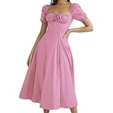 Women's Puff Sleeve Maxi Dress Summer Elegant Square Neck Solid Color High Waist Split Casual Long Dresses