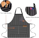 OWill Adjustable Unisex Apron with Pocket for Cooking & BBQ - Black Strips view 3