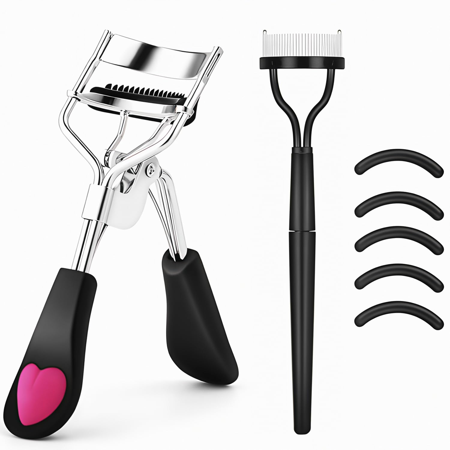 Photo 1 of Stainless Steel Eyelash Curler with Comb and Eyelash Brush Fit Suitable for Any Eye Shapes and Sizes, with 5 Silicone Refill Pads (Black Set)