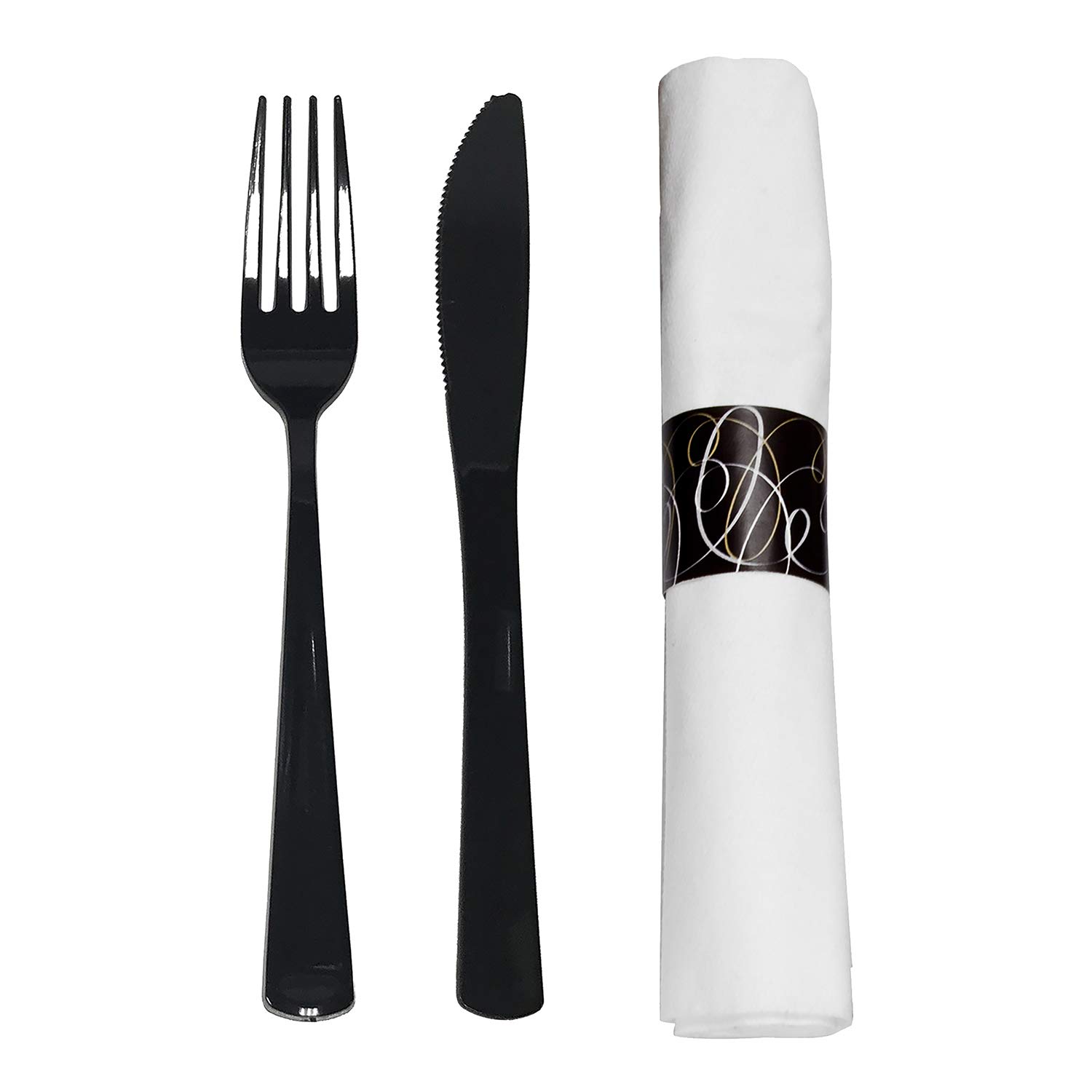 Photo 1 of Party Essentials Party Supplies Wrapped Silverware Set Disposable, Pre Rolled Napkin and Cutlery, Forks/Knives Black, 50 Units
