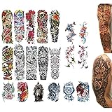 20 Temporary Tattoos | Fake Realistic Sleeve Ink | Semi Permanent Water Resistant Set | For Men and Women or Kids | Large Big Designs