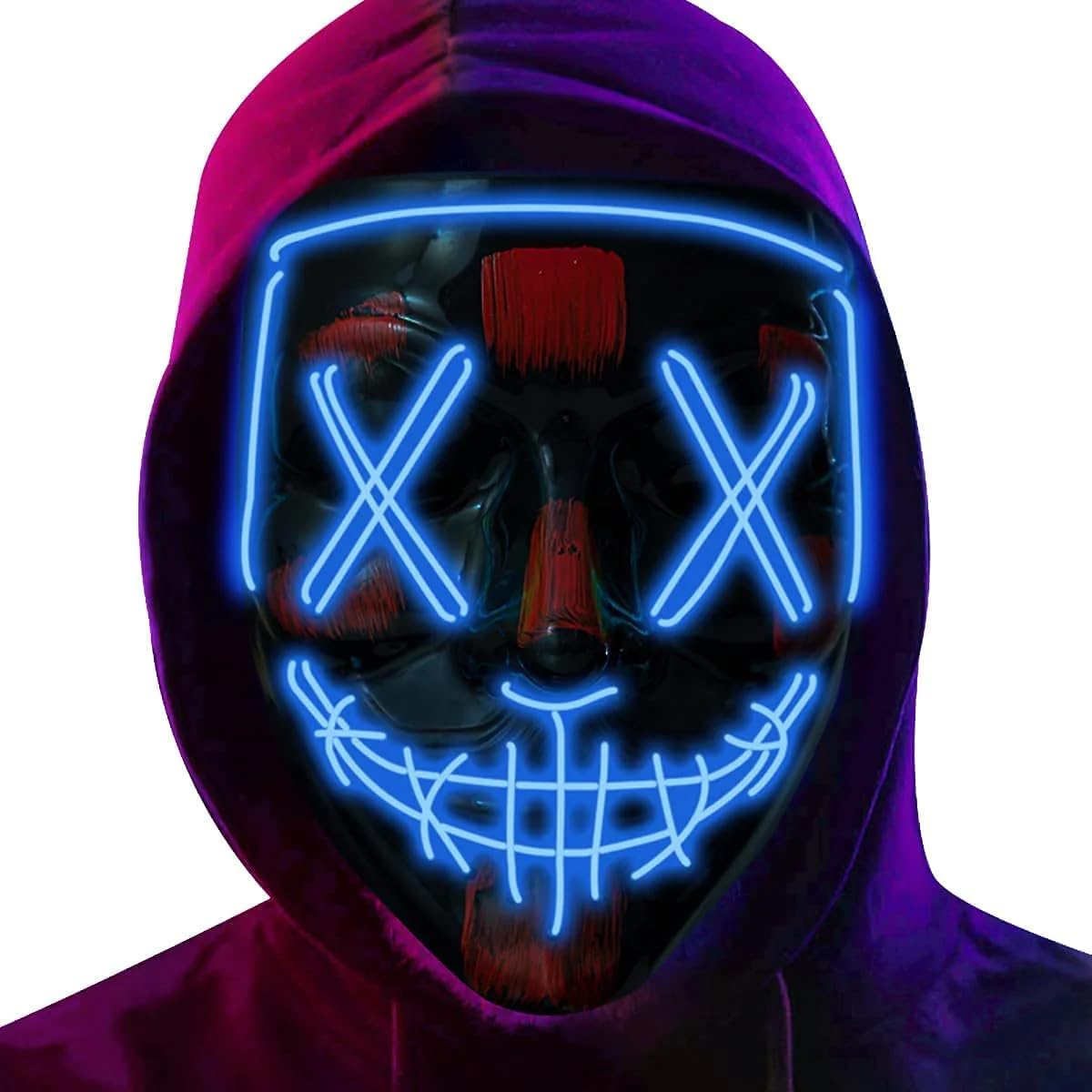 Blue LED Light Up Stitched Purge Mask, 3 Light Modes Colourful Rave Full Face Mask Cosplay Glow for Halloween/Christmas/Bonfire Night/Festival Costume Party Accessories