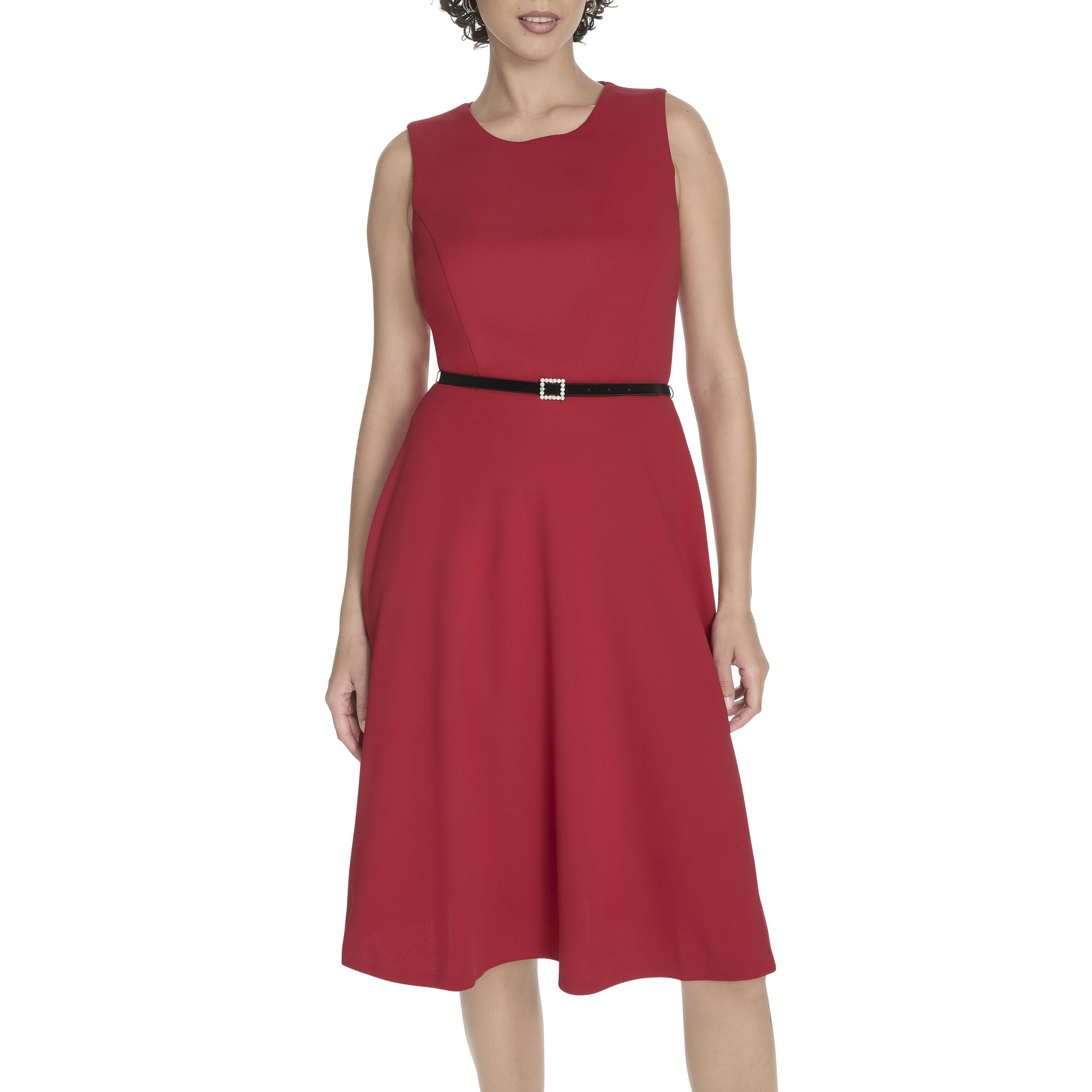 Tommy Hilfiger Women’s Sleeveless Crew Neck Pinwheel Knit Belted Fit and Flare Dress, Deep Scarlet, 10