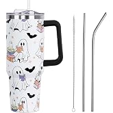 Zbnisiw Halloween Tumbler with Lid and Straw 40oz,Cute Spooky Ghost Reading Vacuum Insulated Leak Proof Tumbler,Goth Bookish Reader Gift Women Girls,Book Lover Accessories Stainless Steel Coffee Cup